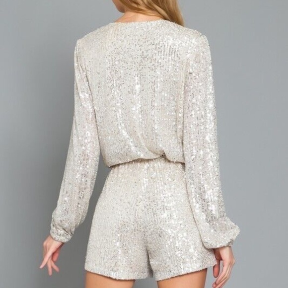 Silver Metallic Sparkling Sequin Long Sleeve Holiday Cocktail Party Romper - Picture 4 of 4